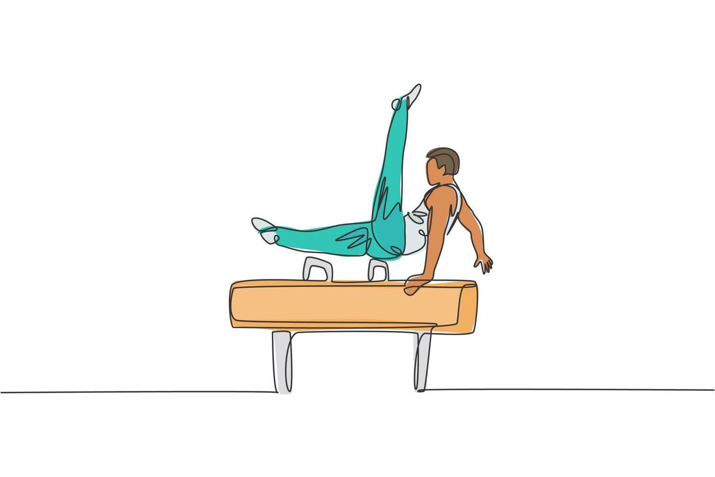 One single line drawing of young handsome gymnast man exercising pommel horse vector graphic illustration. Healthy lifestyle and athletic sport concept. Modern continuous line draw design