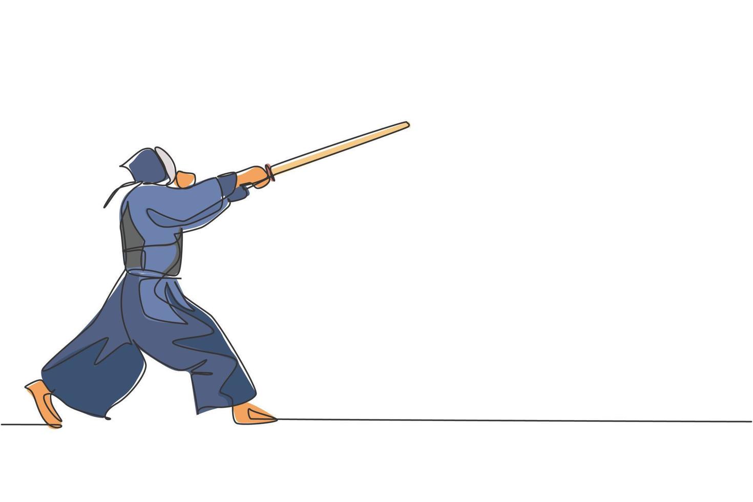 un dibujo de una sola línea de un joven enérgico ejercicio ataque movimiento kendo con espada de madera en el centro de gimnasio ilustración gráfica vectorial. concepto de deporte de lucha combativa. diseño moderno de dibujo de línea continua vector