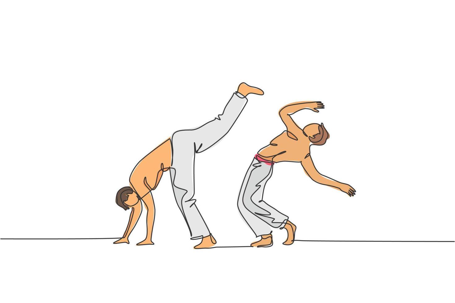 One single line drawing of two young energetic man capoeira dancers perform dancing fight vector illustration. Traditional martial art lifestyle sport concept. Modern continuous line draw design
