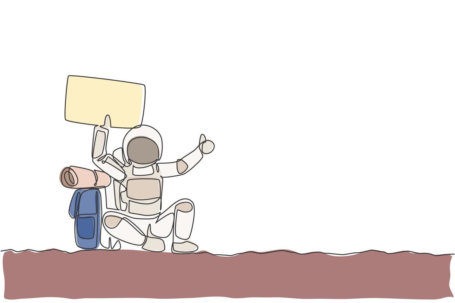 Single continuous line drawing of astronaut hitchhiker holding paper board while waiting for ride in moon surface road. Cosmonaut outer space concept. Trendy one line draw design vector illustration