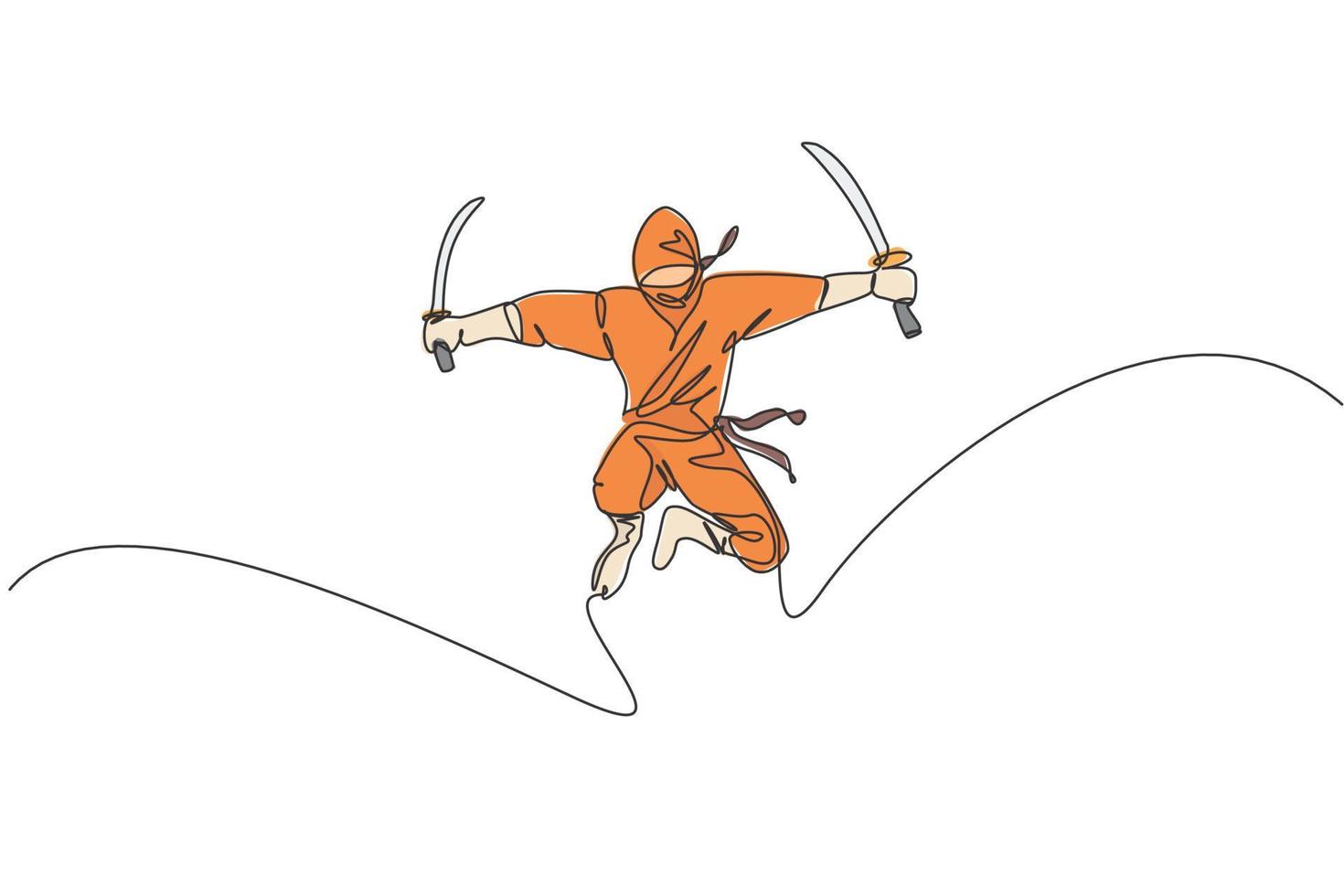 dibujo de una sola línea continua del joven guerrero ninja de la cultura japonesa con traje de máscara con pose de ataque de salto. concepto de samurai de lucha de artes marciales. ilustración de vector de diseño de dibujo de una línea de moda