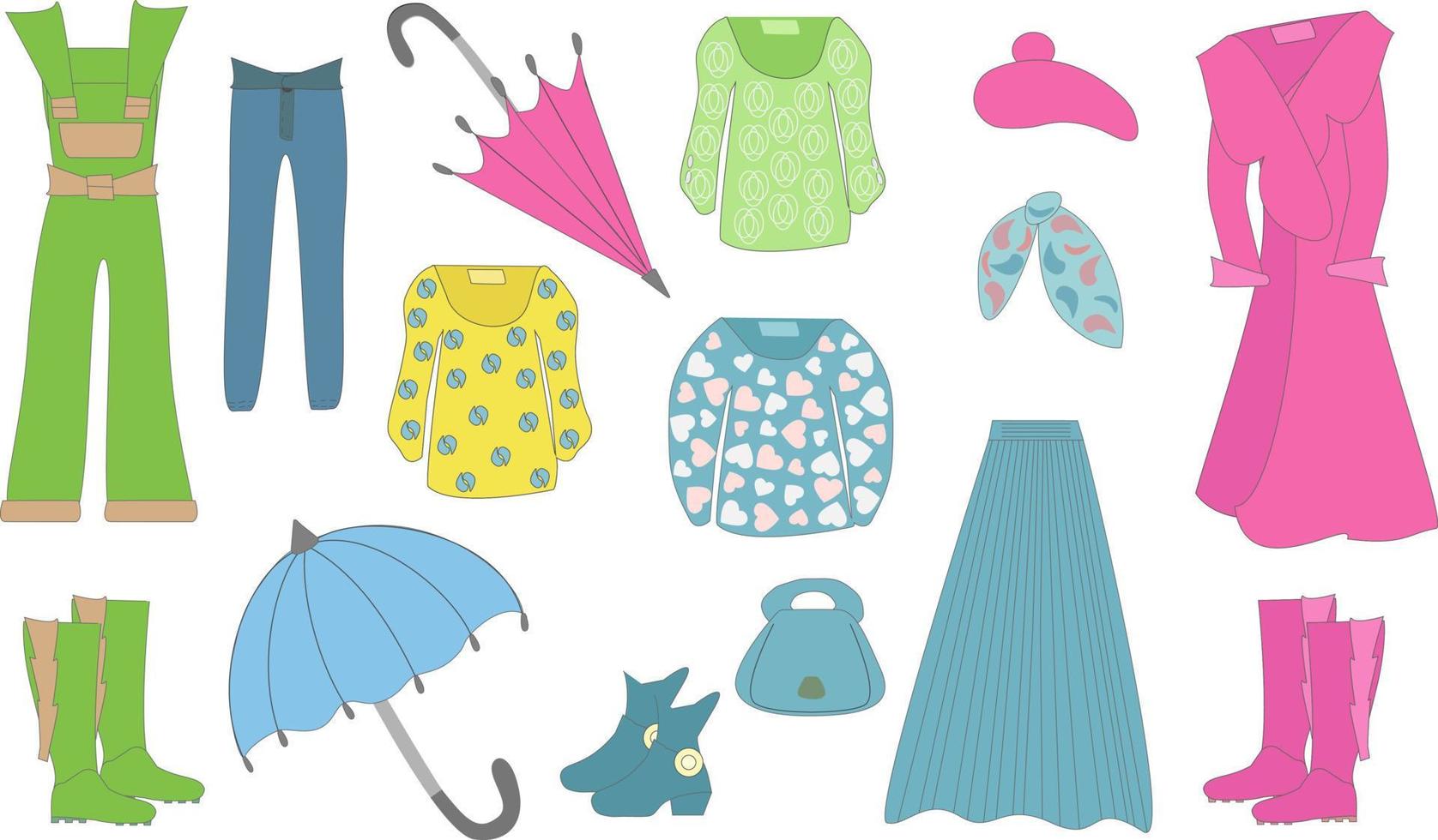 vector illustration set of women's spring clothes and accessories