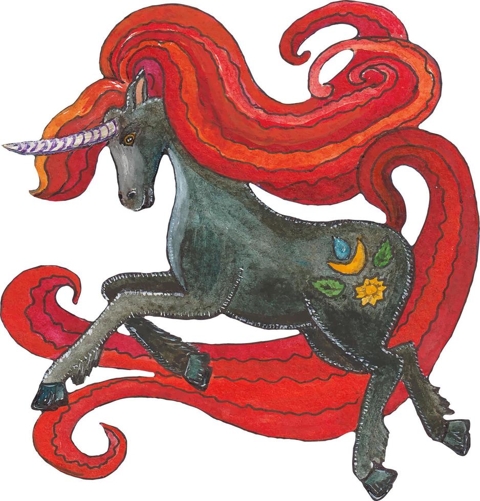 gris unicornio con un rojo melena vector