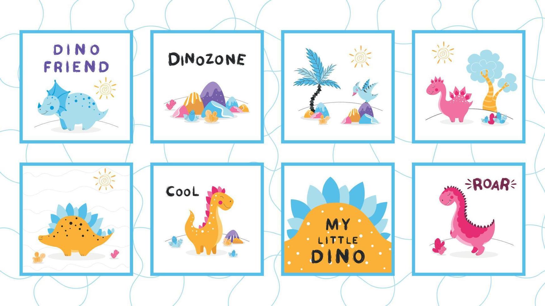 Set of cute dinosaurs, cute vector dinosaur illustrations, set of cartoon dinosaurs on white background, set of cartoon cacti