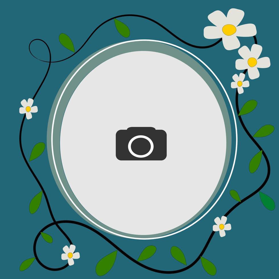 White Flower circle Photo frames on blue background. Decorative template for baby, family or memories. Scrapbook concept, vector illustration.