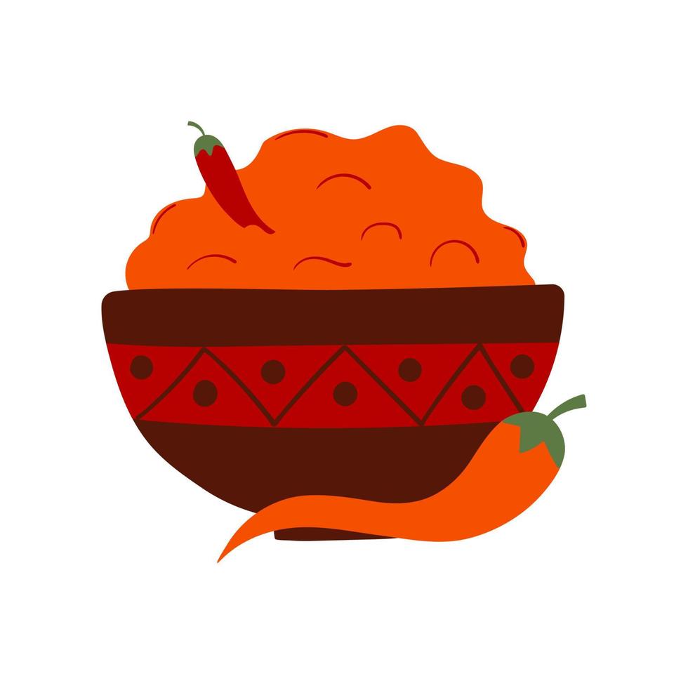 Mexican hot sauce chili with fresh raw peppers. Flat vector illustration