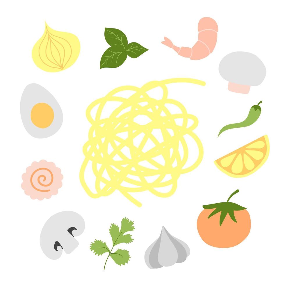 ingredientes para sartén wok. conjunto de símbolos de wok asiático plano de fideos vectoriales. verduras con mariscos para el diseño del menú. vector