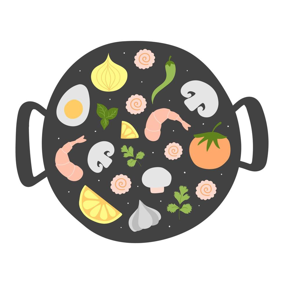 Ingredients for Wok pan. vector doodle flat asian wok symbols set. Vegetables with seafood for menu design.