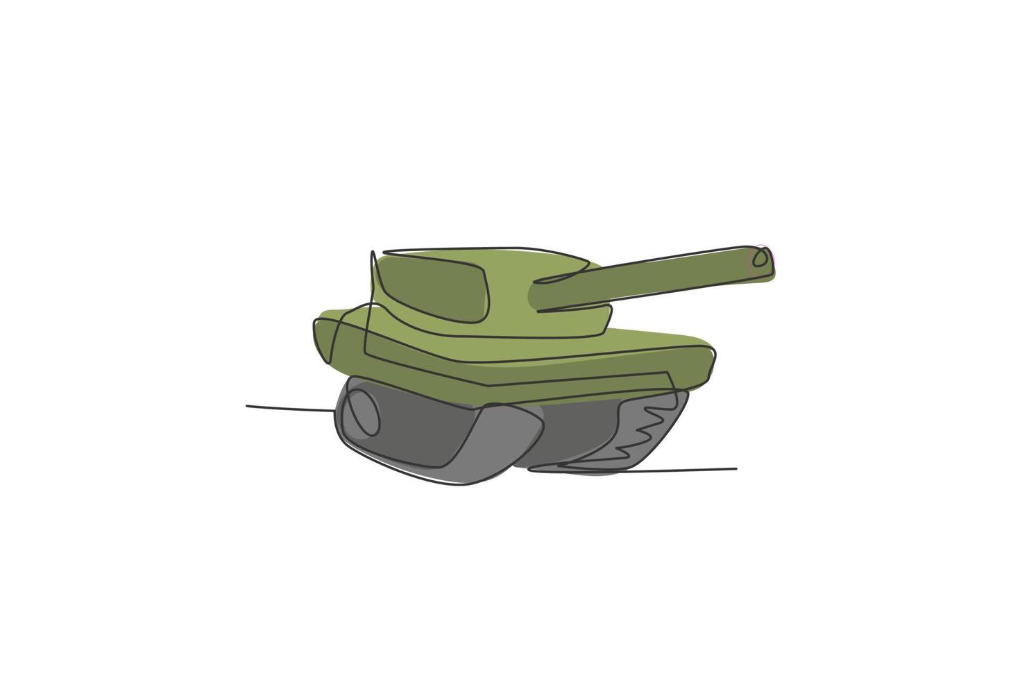 un dibujo de línea continua de un tanque de guerra de metal con una pistola de cañón. concepto de vehículo de transporte. Ilustración de vector gráfico de diseño de dibujo de línea única dinámica