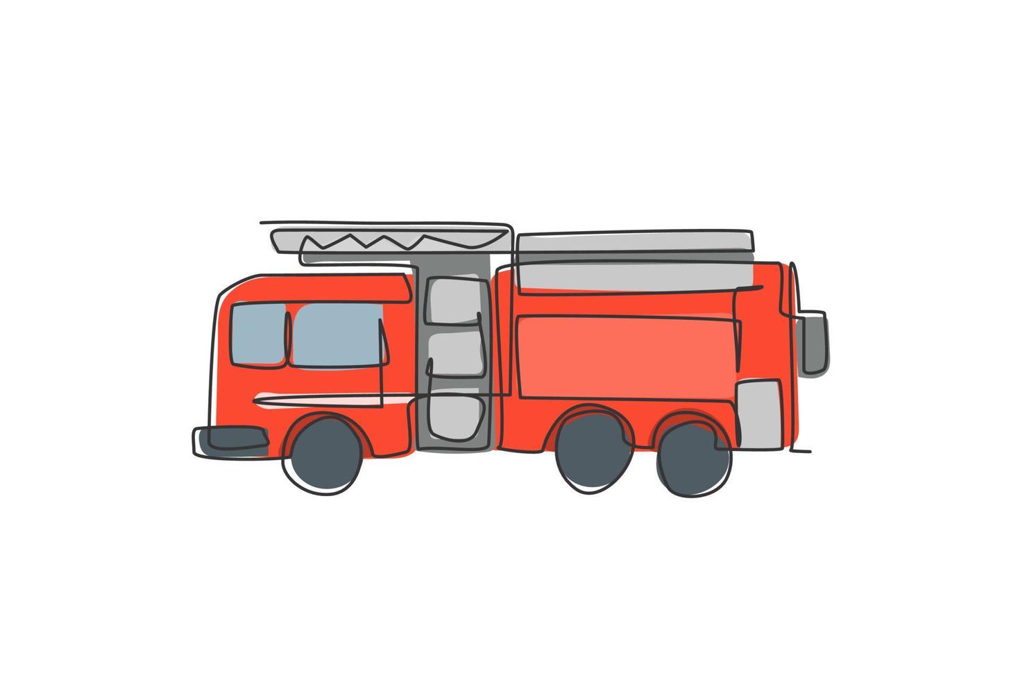 dibujo de una sola línea de camión de bomberos con escalera de rescate y boquilla. camión de bomberos como aparato de bombero aislado doodle concepto mínimo. Ilustración de vector gráfico de diseño de dibujo de línea continua de moda