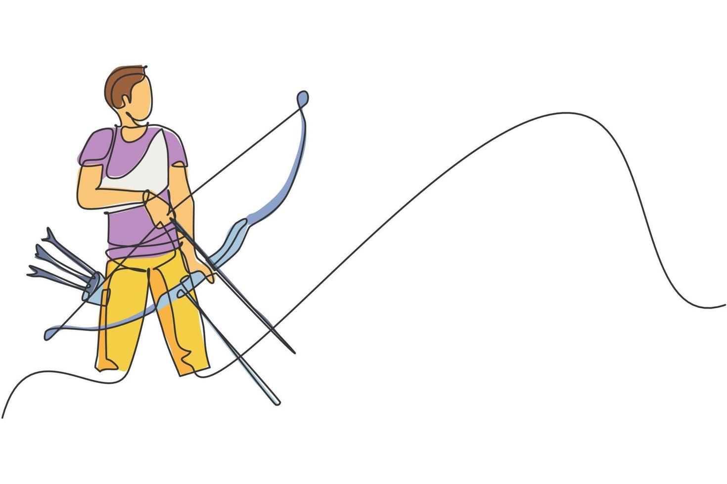 One single line drawing of young archer man focus exercising archery to hit the target vector illustration graphic. Healthy refresh shooting with bow sport concept. Modern continuous line draw design