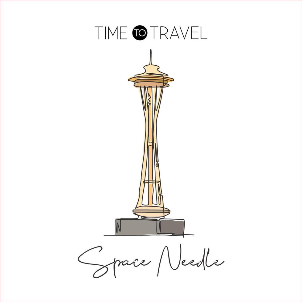 Depok, Indonesia - August 6, 2019- One continuous line drawing Space Needle landmark. World iconic place in Seattle, Washington DC, USA. Holiday vacation wall decor poster print. Vector illustration