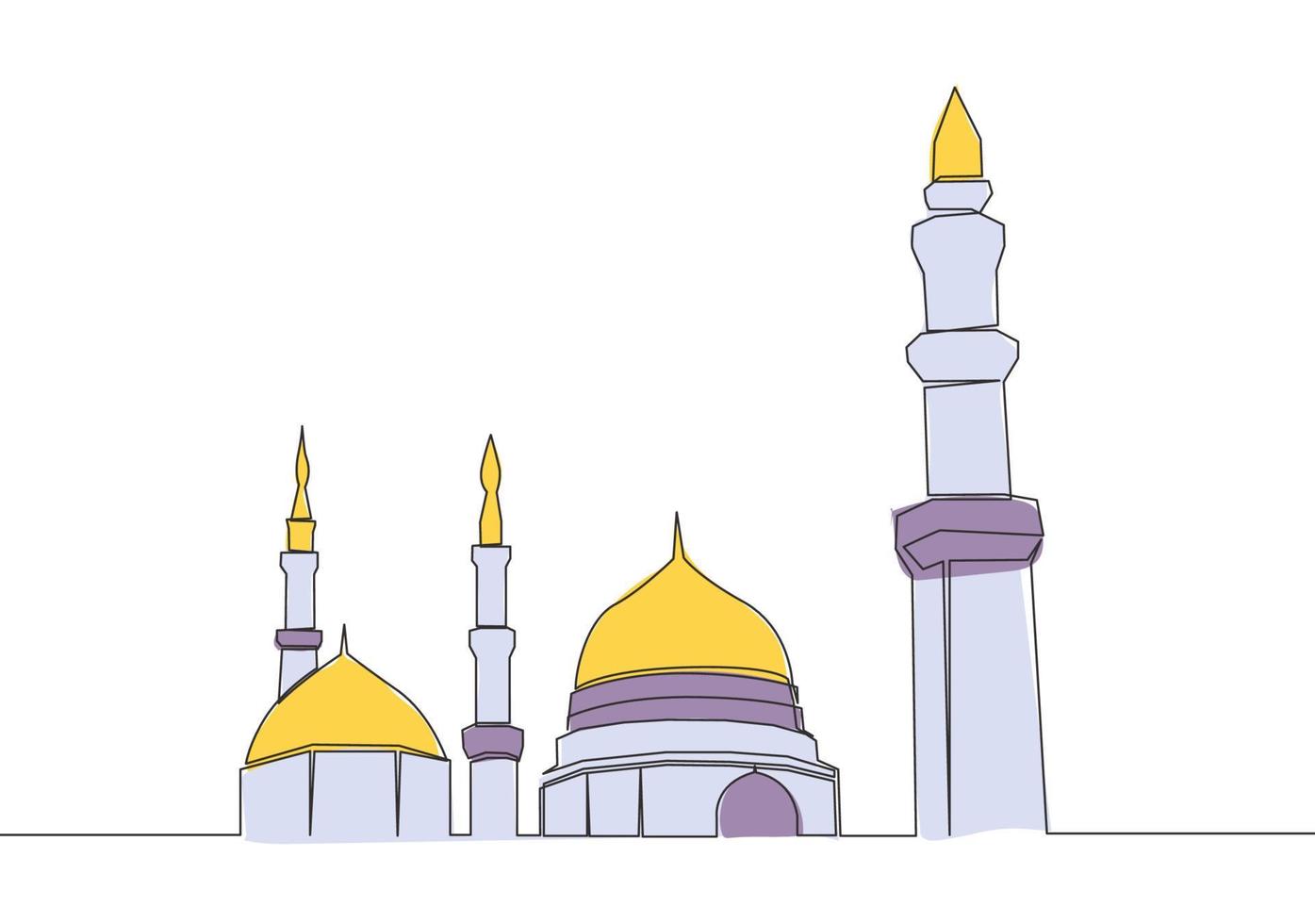 One continuous line drawing of historical landmark dome mosque or Masjid An Nabawi. Ancient building works as a place of worship for muslim person concept single line draw design vector illustration