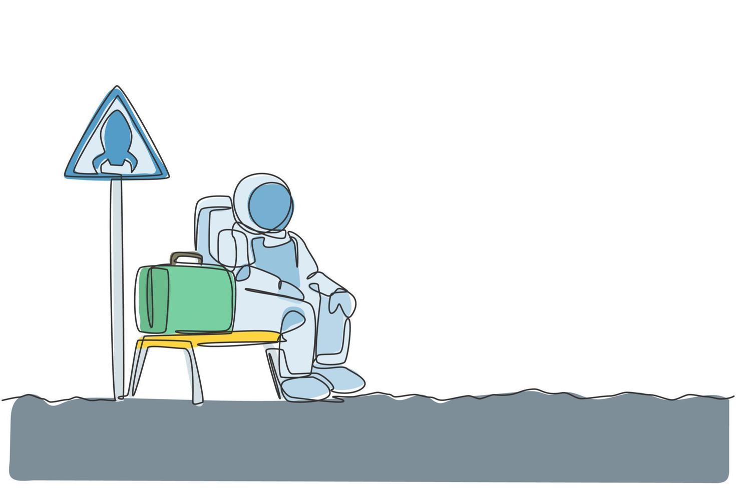 One single line drawing of young happy astronaut siting in rocket stop chair beside rocket sign board graphic vector illustration. Cosmonaut outer space concept. Modern continuous line draw design