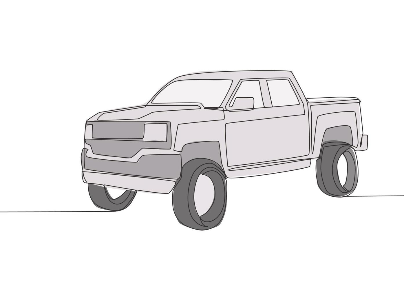Single line drawing of tough pickup truck car. Cargo logistics carrier vehicle transportation concept. One continuous line draw design vector