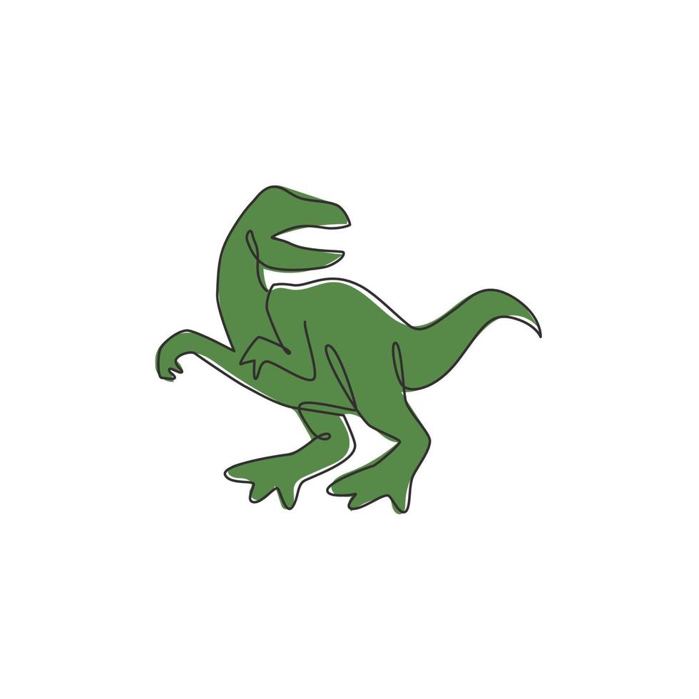 dibujo de línea continua única de velociraptor agresivo para la identidad del logotipo. concepto de mascota animal prehistórico para el icono del parque de atracciones temático de dinosaurios. Ilustración de vector de diseño gráfico de dibujo de una línea