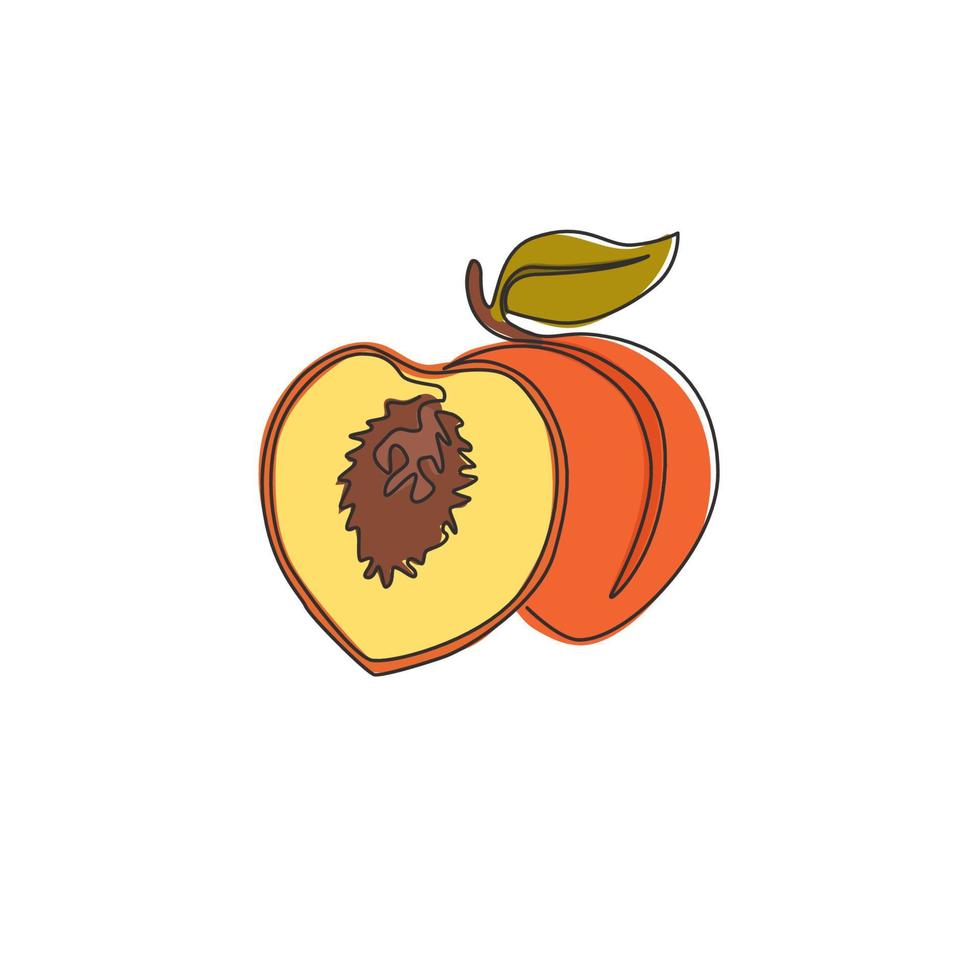 una sola línea dibujando melocotón orgánico sano entero y cortado en rodajas para la identidad del logotipo de la huerta. concepto de fruitage fresco para el icono de jardín de frutas. Ilustración gráfica de vector de diseño de dibujo de línea continua moderna