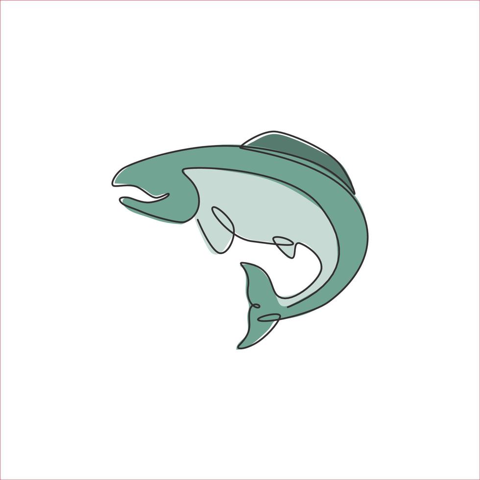 One continuous line drawing of big salmon for fishing logo identity. Fish mascot concept for fast food can icon. Single line draw design vector graphic illustration