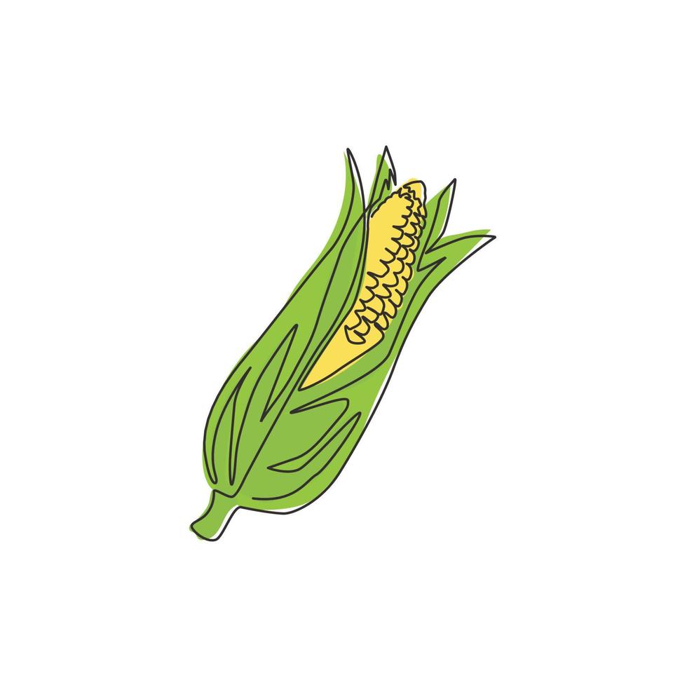 One single line drawing of whole healthy organic corn crop for farm logo identity. Fresh maize concept for starchy vegetable icon. Modern continuous line draw graphic design vector illustration