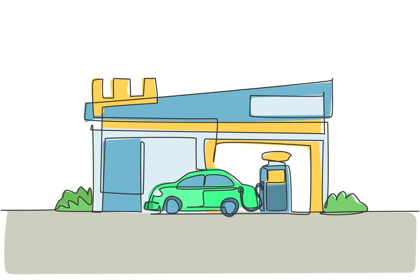 Single one line drawing of gas station for refueling car gasoline. Rest area construction building isolated doodle minimal concept. Trendy continuous line draw design graphic vector illustration