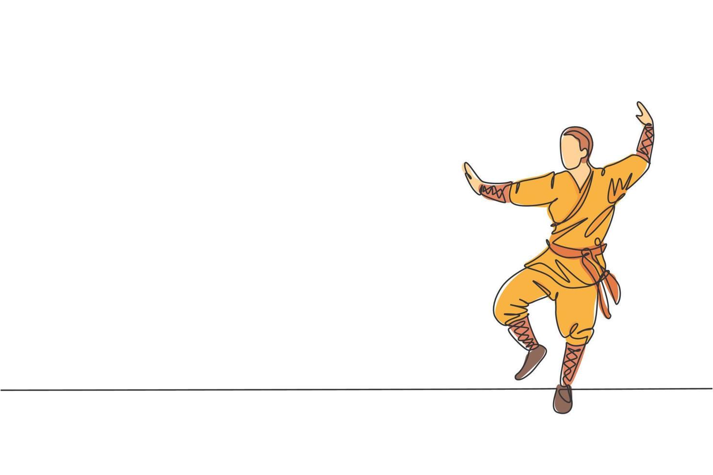 One single line drawing young energetic shaolin monk man exercise kung fu fighting at temple vector graphic illustration. Ancient Chinese martial art sport concept. Modern continuous line draw design