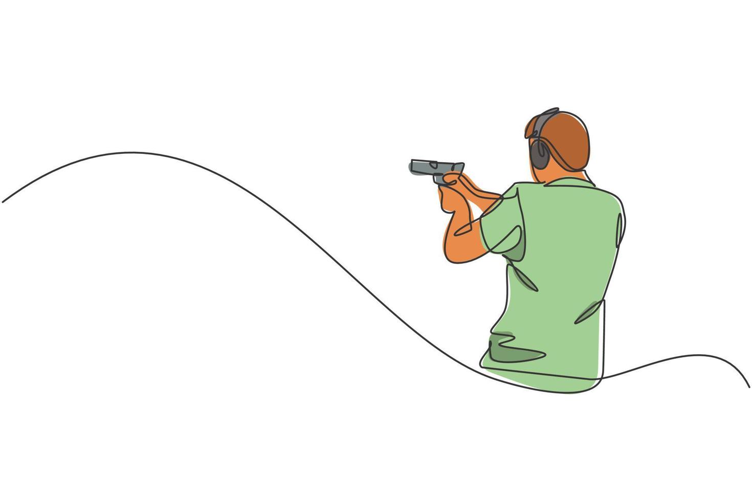 One continuous line drawing of young man on shooting training ground