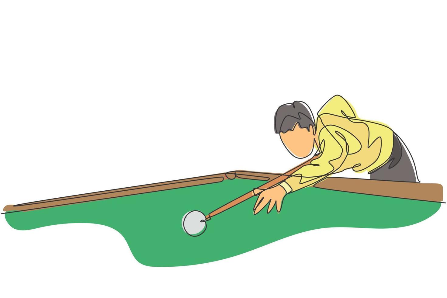 One single line drawing of young handsome man playing pool billiards at billiard room vector illustration graphic. Indoor sport recreational game concept. Modern continuous line draw design