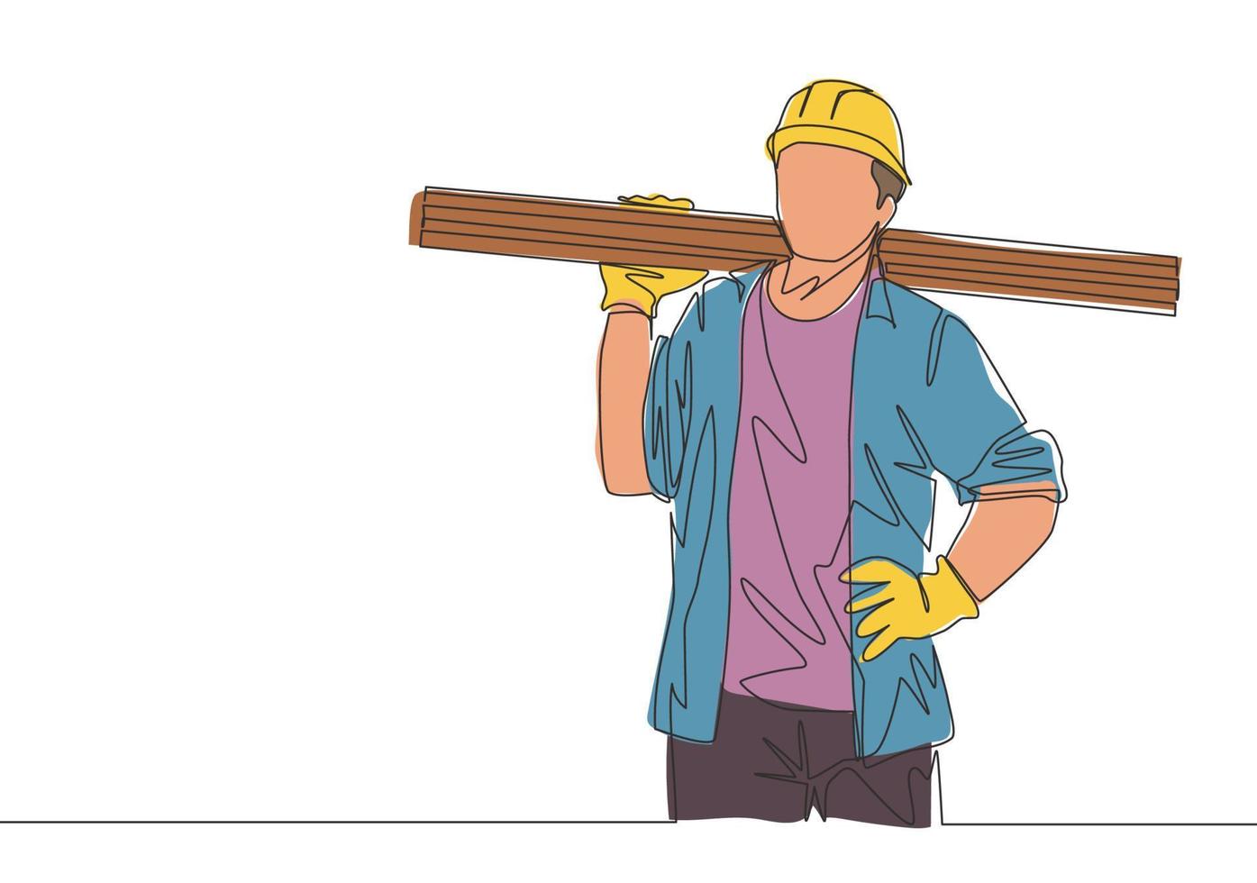 Single continuous line drawing of young lumberjack wearing helmet and glove while carrying stack of woods. Carpenter building maintenance service concept. One line draw design illustration vector