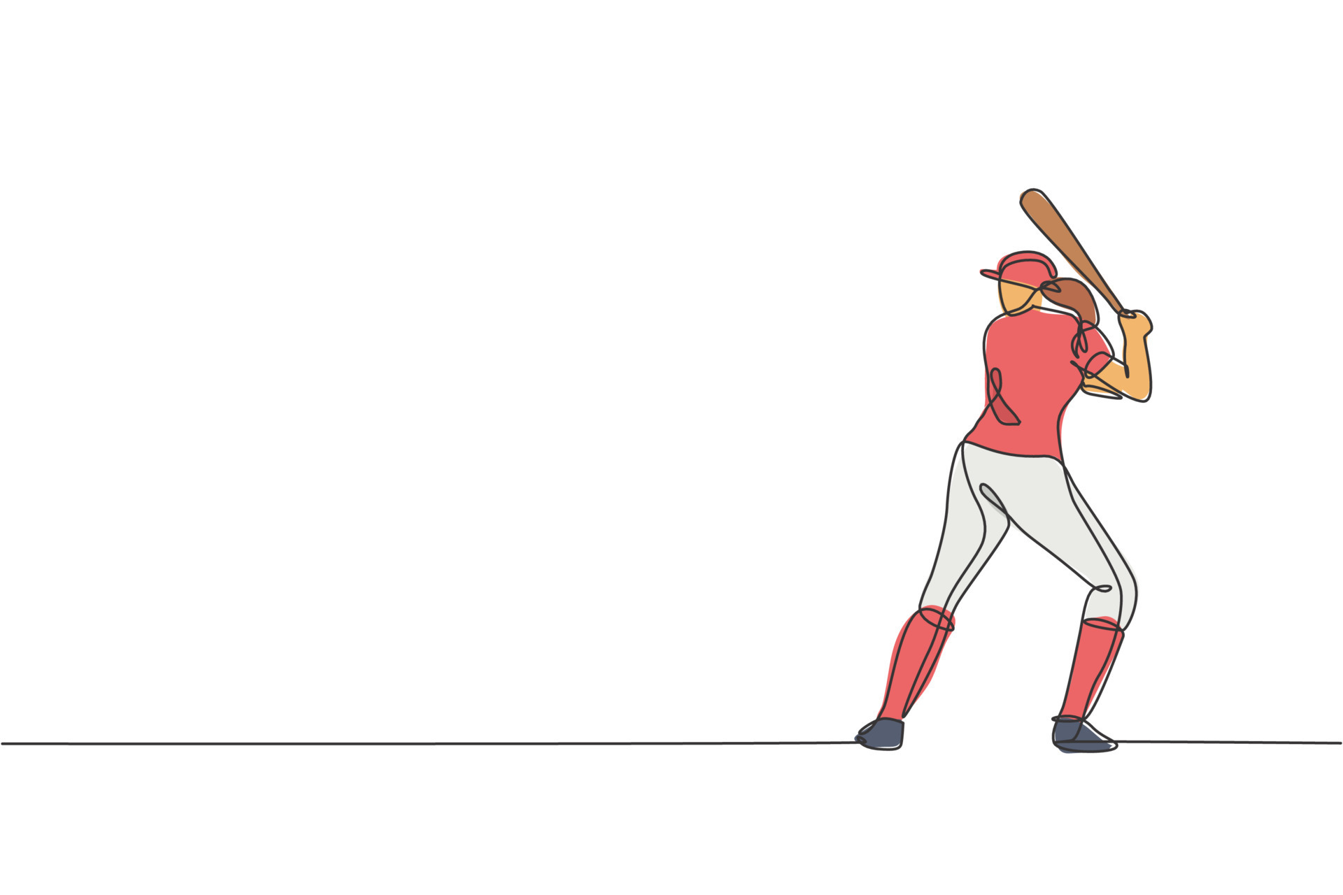 un dibujo de línea continua de una joven jugadora de béisbol deportiva