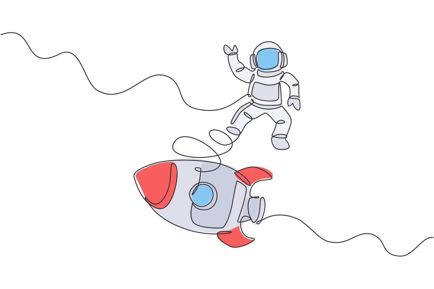 One continuous line drawing of spaceman astronaut science discovering cosmos galactic with rocket. Cosmonaut exploration of outer space concept. Dynamic single line draw design vector illustration