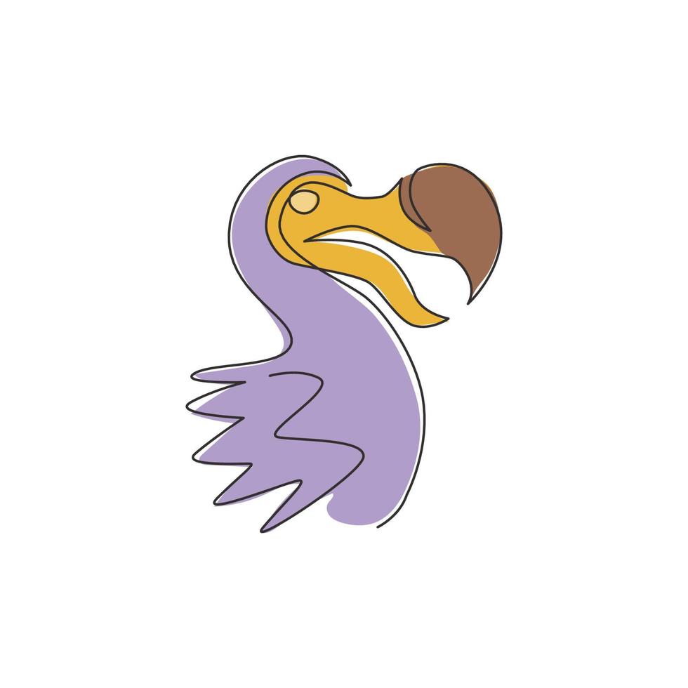 One continuous line drawing of cute adorable dodo bird head for logo identity. Extinct animal mascot concept for museum zoo icon. Modern single line draw design vector illustration graphic