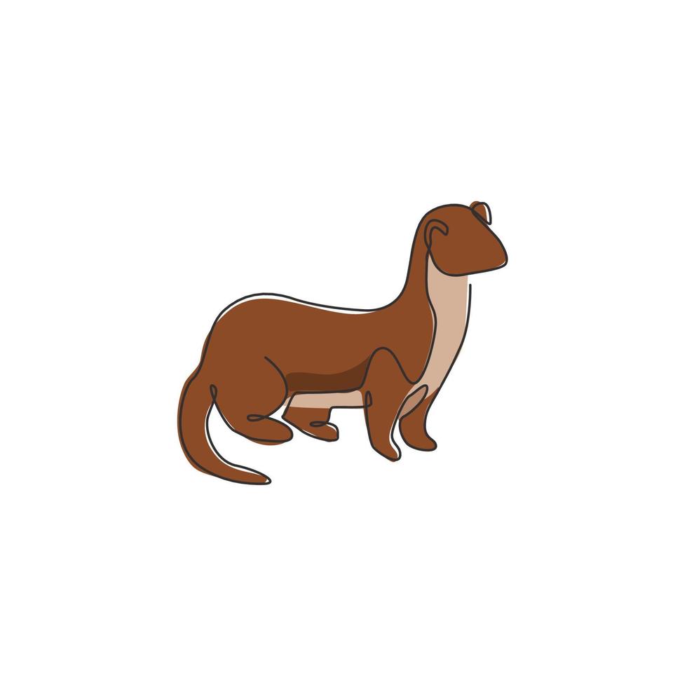 Single continuous line drawing of adorable weasel for company logo identity. Little mammal predator mascot concept for national conservation park icon. Modern one line draw design vector illustration
