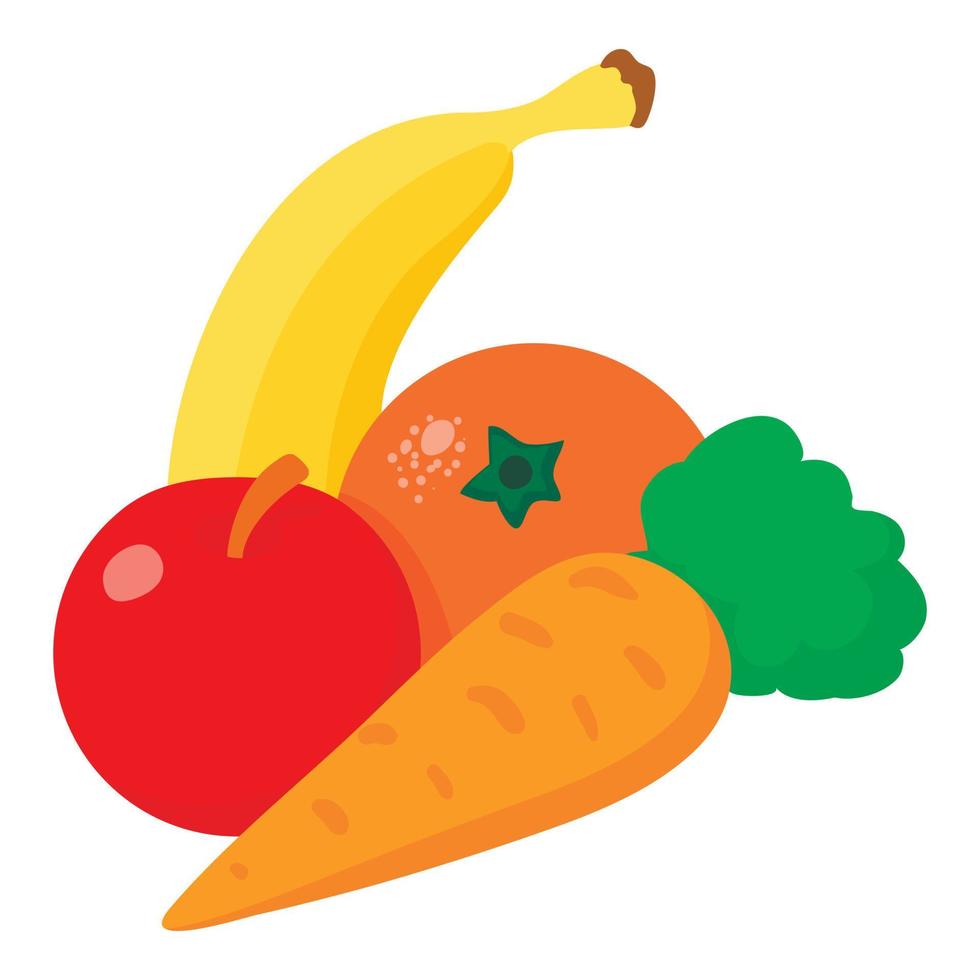 saludablemente comida icono isométrica vector. Fresco rojo manzana plátano naranja y Zanahoria vector