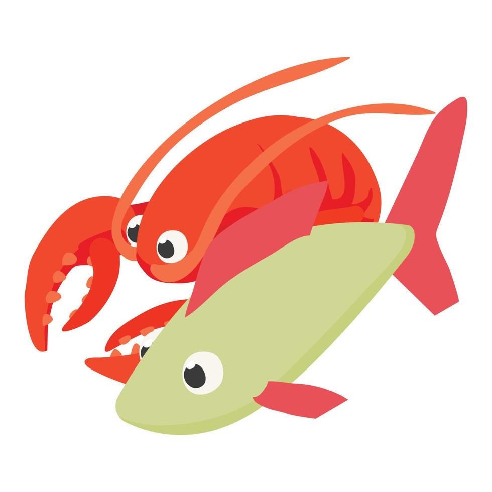 Seafood icon isometric vector. Freshly cooked lobster and large raw fish icon vector