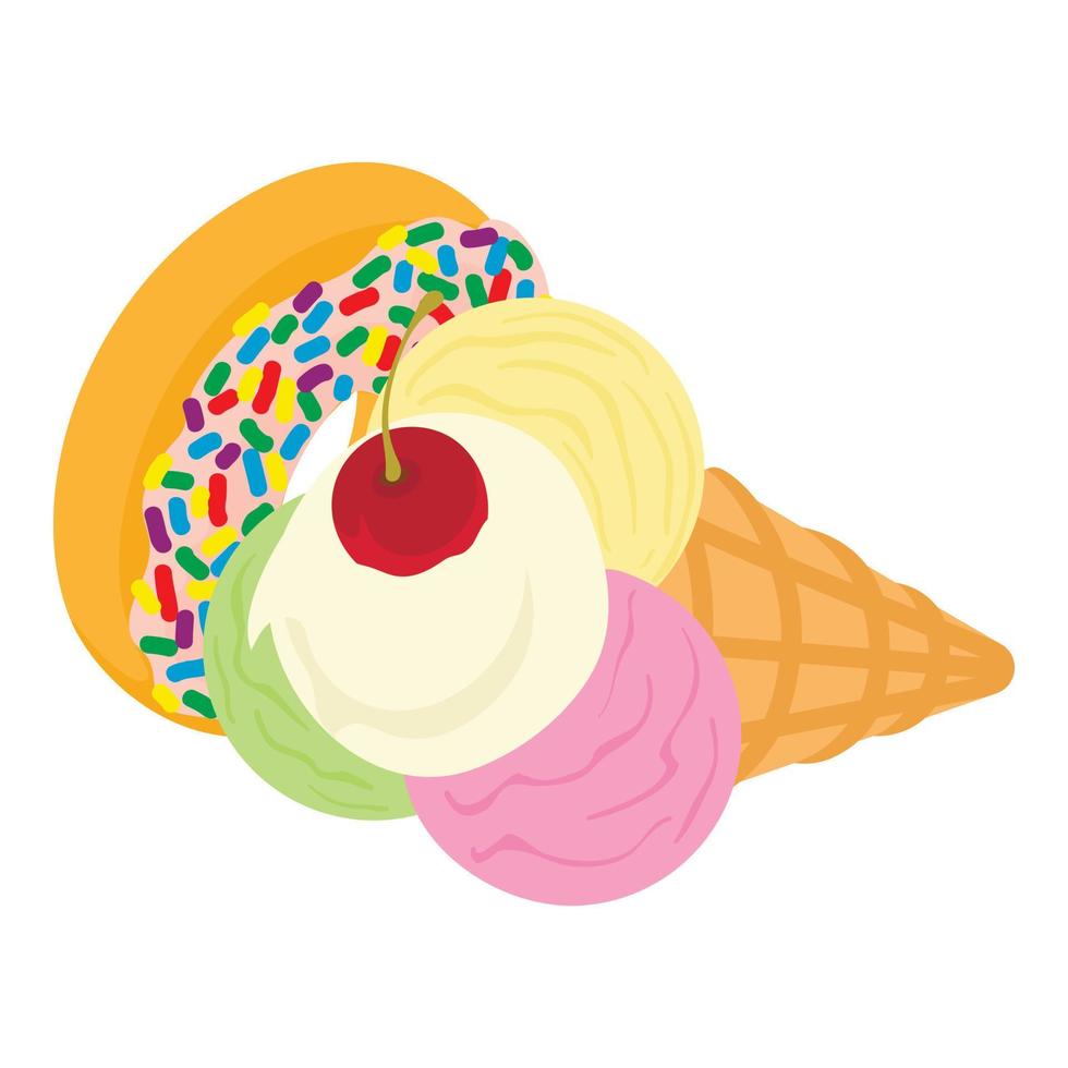 Sweet food icon isometric vector. Ice cream in waffle cone and donut with glaze vector