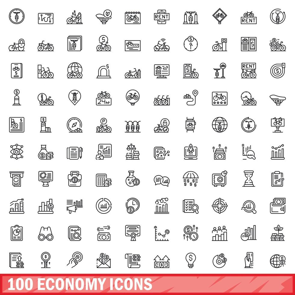 100 economy icons set, outline style vector