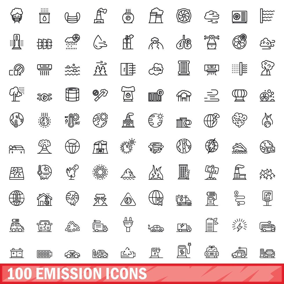 100 emission icons set, outline style vector