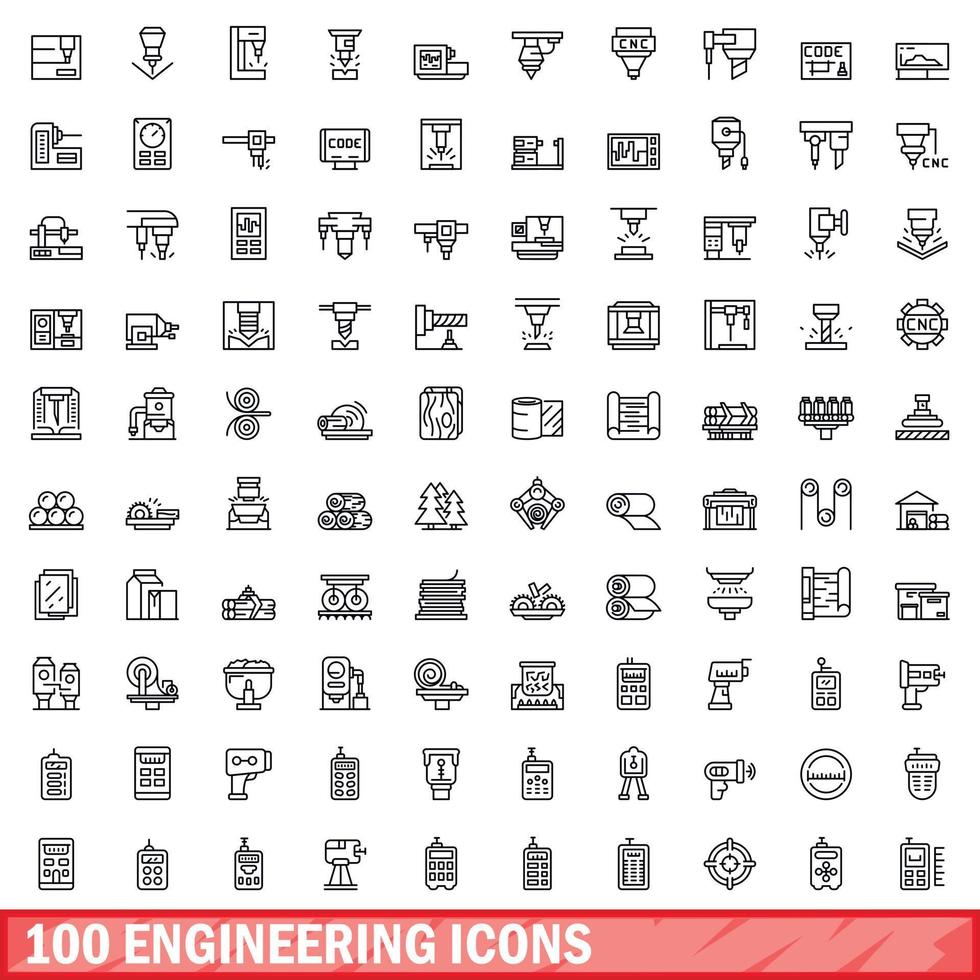 100 engineering icons set, outline style vector