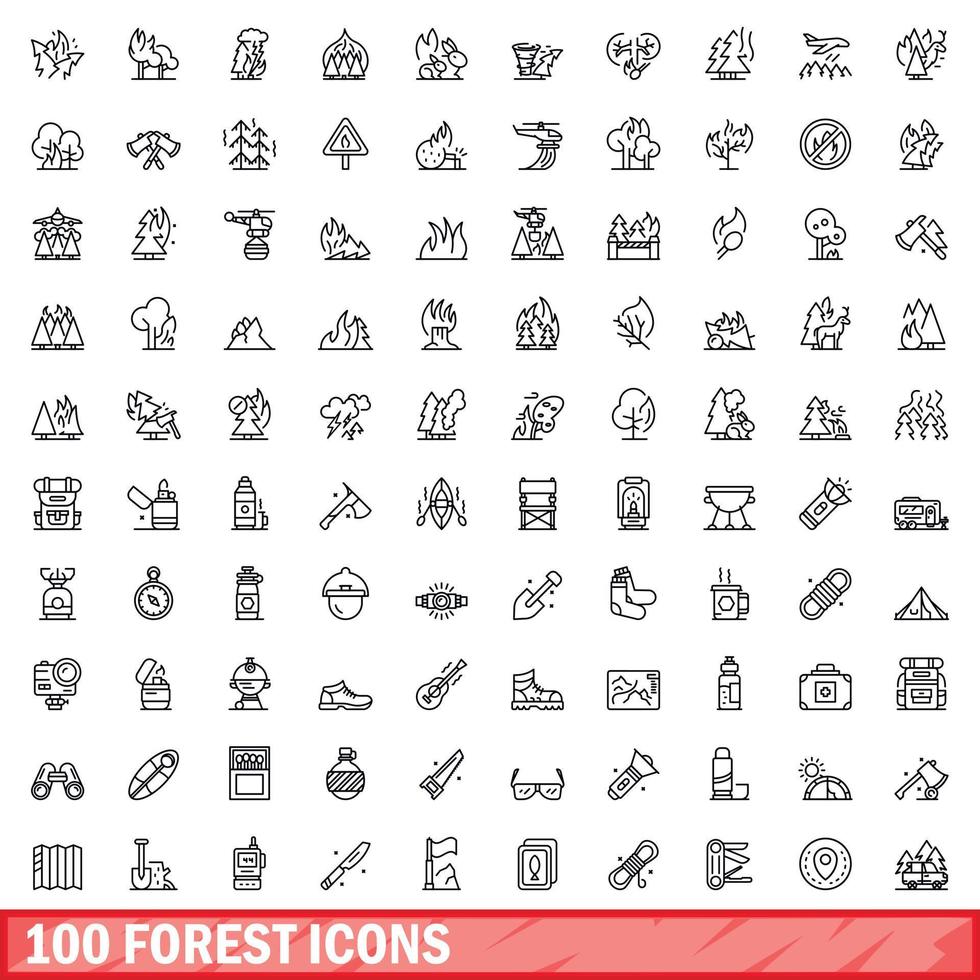 100 forest icons set, outline style vector