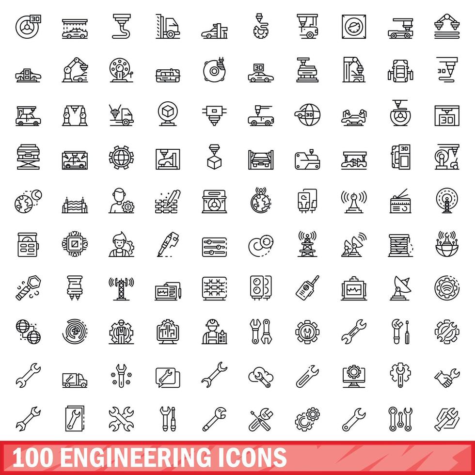 100 engineering icons set, outline style vector