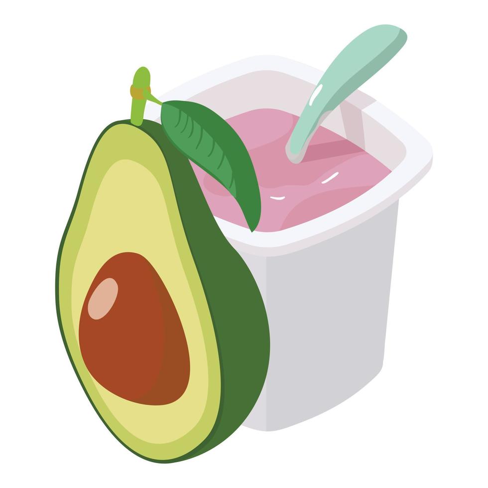Snack icon isometric vector. Pack of fruit yogurt and half fresh green avocado vector