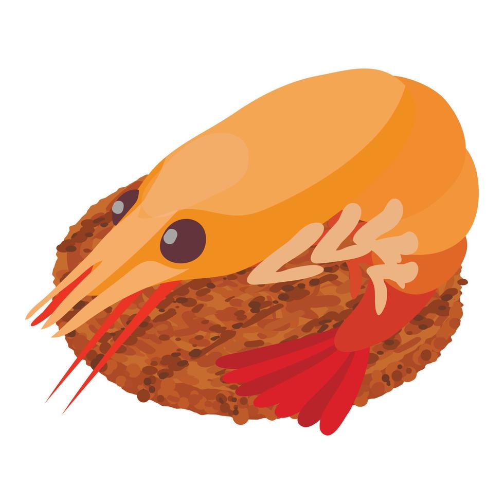 Protein food icon isometric vector. Big red shrimp and freshly fried beef patty vector