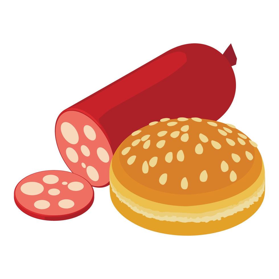 Burger ingredient icon isometric vector. Sesame burger bun near sausage stick vector