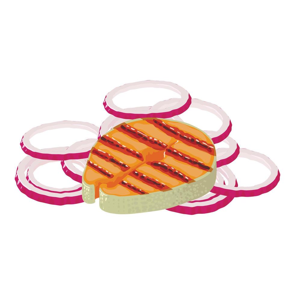 Barbecue product icon isometric vector. Fried red fish piece and red onion ring vector