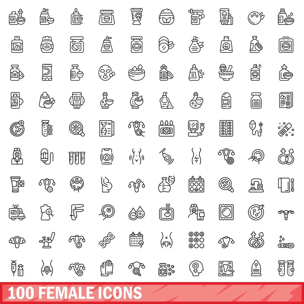 100 female icons set, outline style vector