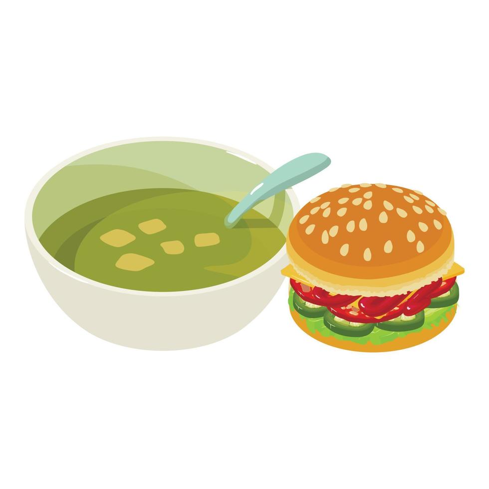 Dinner icon isometric vector. Spinach cream soup cheese hamburger with sausage vector