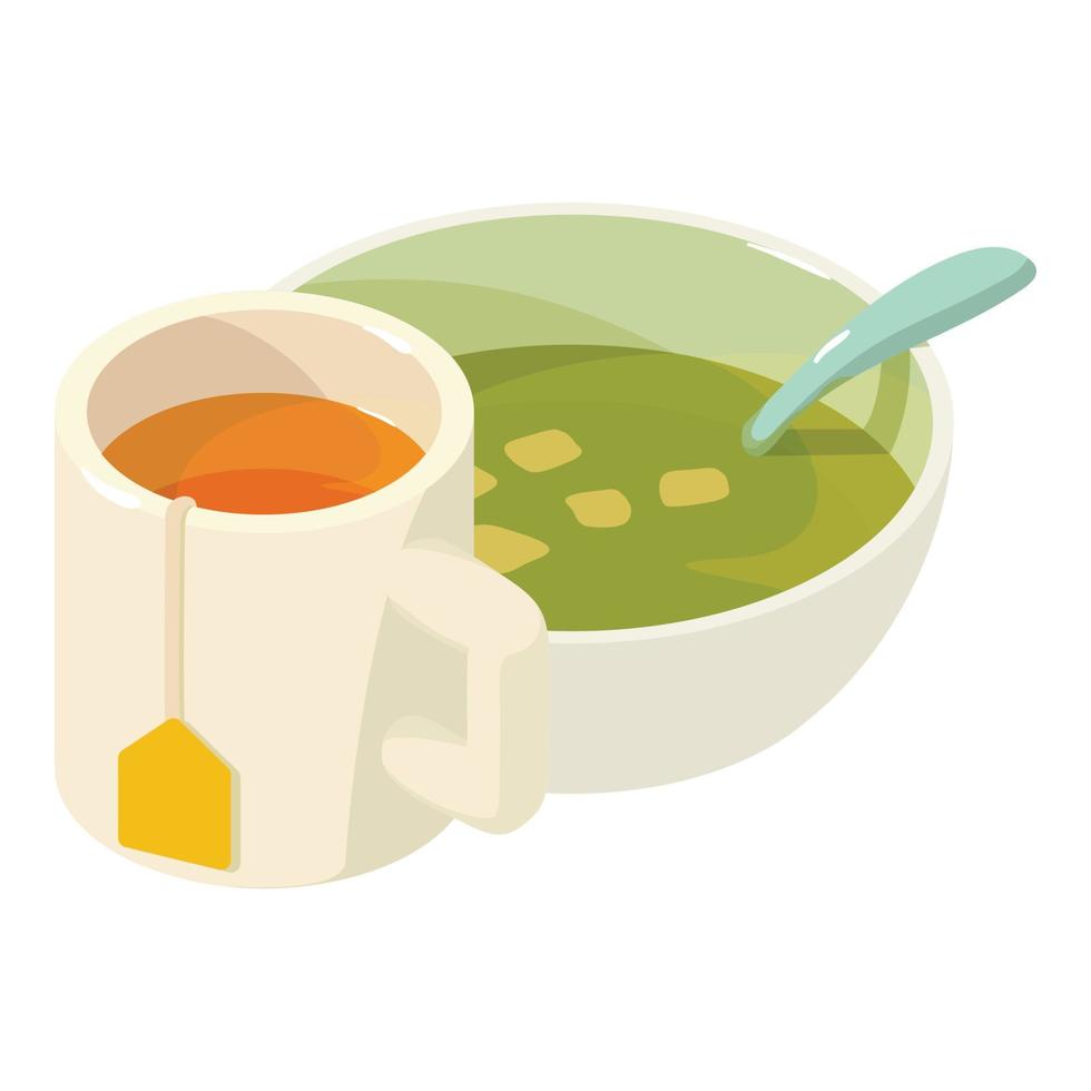 Dinner icon isometric vector. Spinach cream soup with crouton and cup of hot tea vector