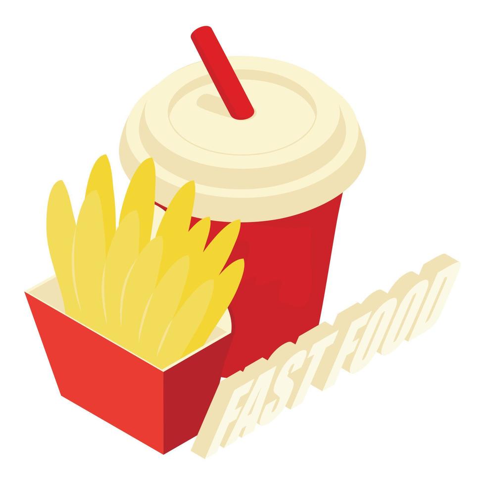 Fast food icon isometric vector. Paper box french frie drink in plastic glass vector