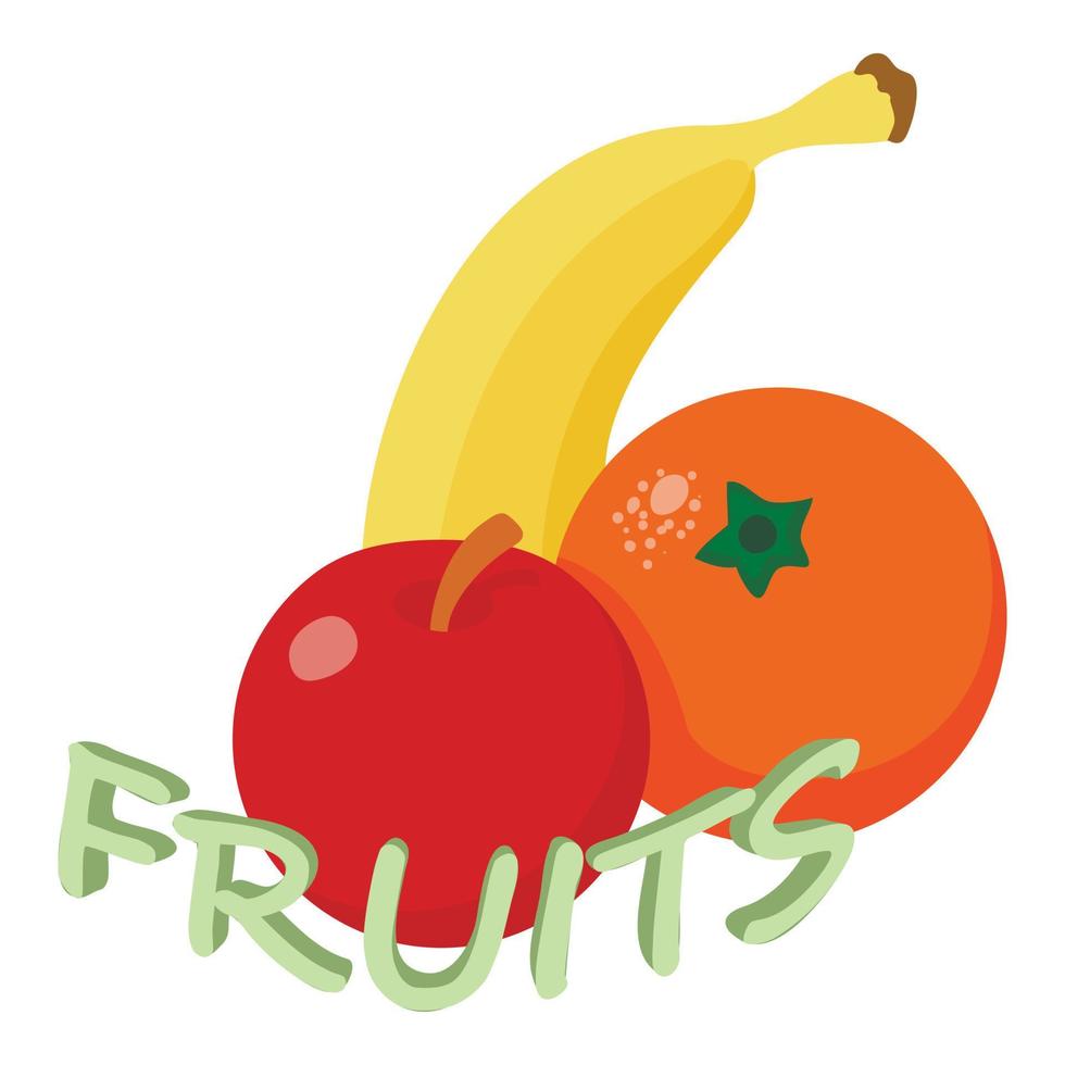 Fruta comida icono isométrica vector. recién cosechado rojo manzana plátano y naranja vector