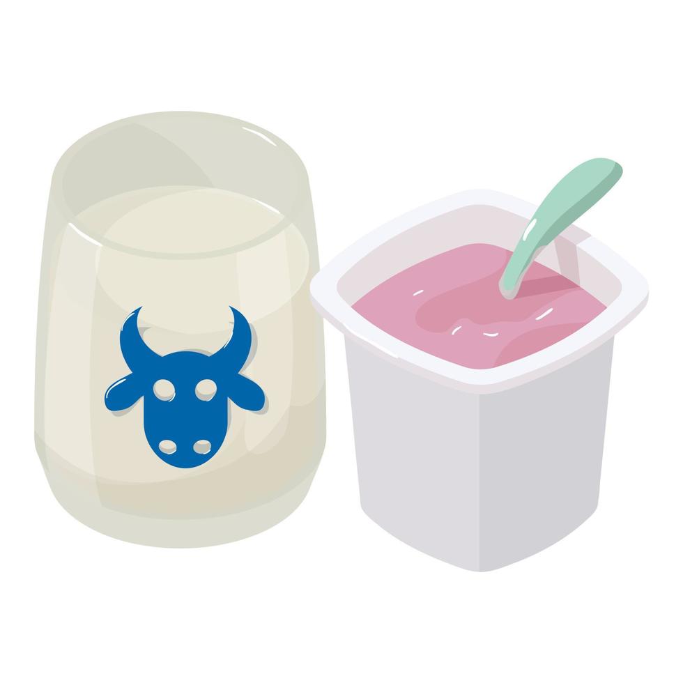 lechería producto icono isométrica vector. paquete de Fruta yogur y vaso de Leche icono vector